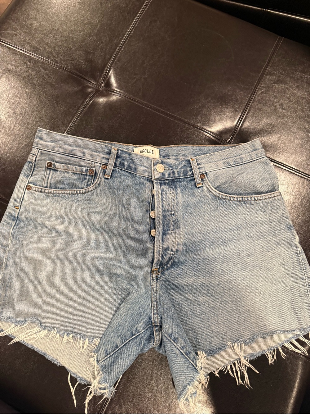 Agolde Light Wash High-Rise Frayed Denim Shorts